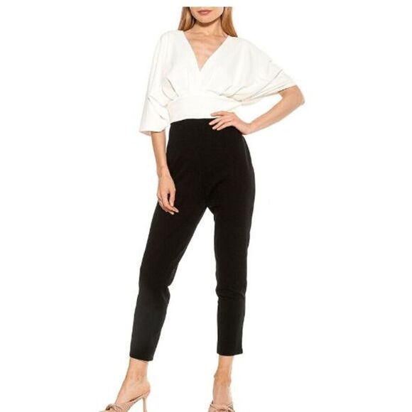 NWOT Alexia Admor Draped Dolman-Sleeve Jumpsuit Ivory Black Back Zip Size XL - Picture 1 of 14